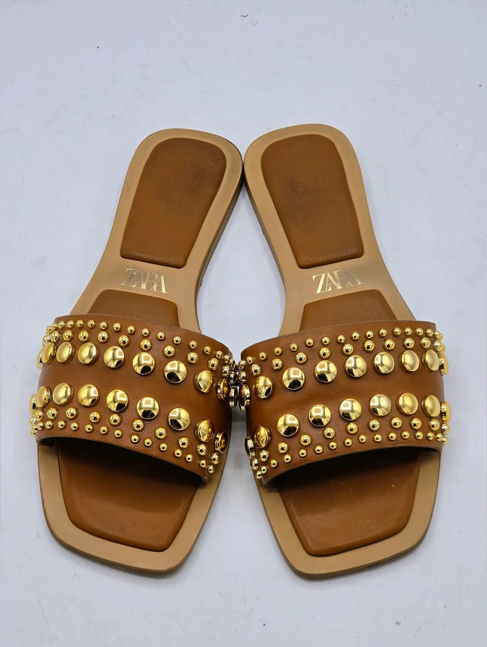 Zara Studded Flat Leather Slide Sandals Size 7.5 - Picture 2 of 14